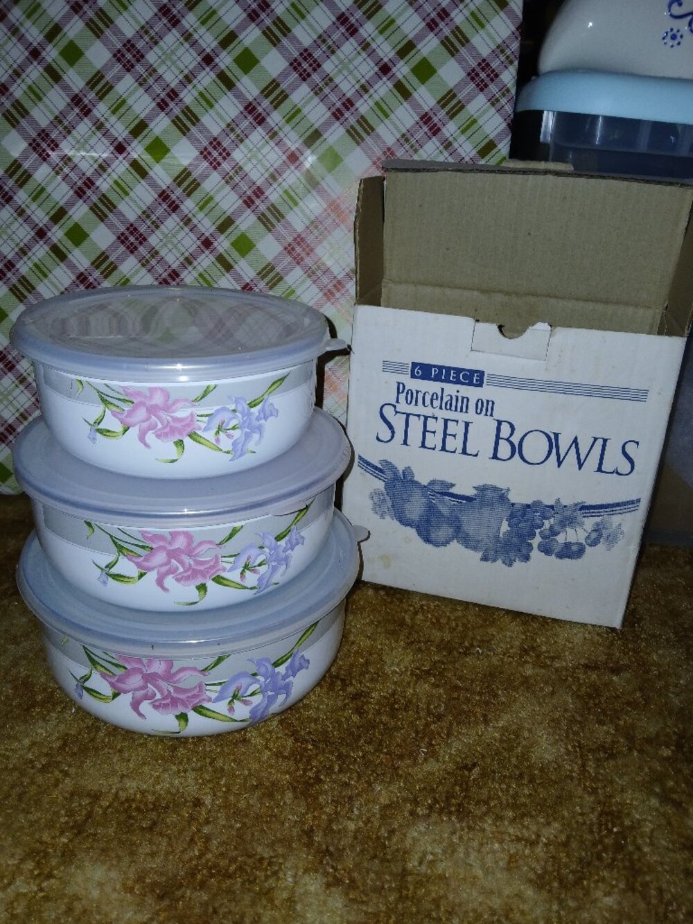 NWT Vintage GMI Orchid Flower Porcelain on Steel Nesting Bowls 6 Piece Set
